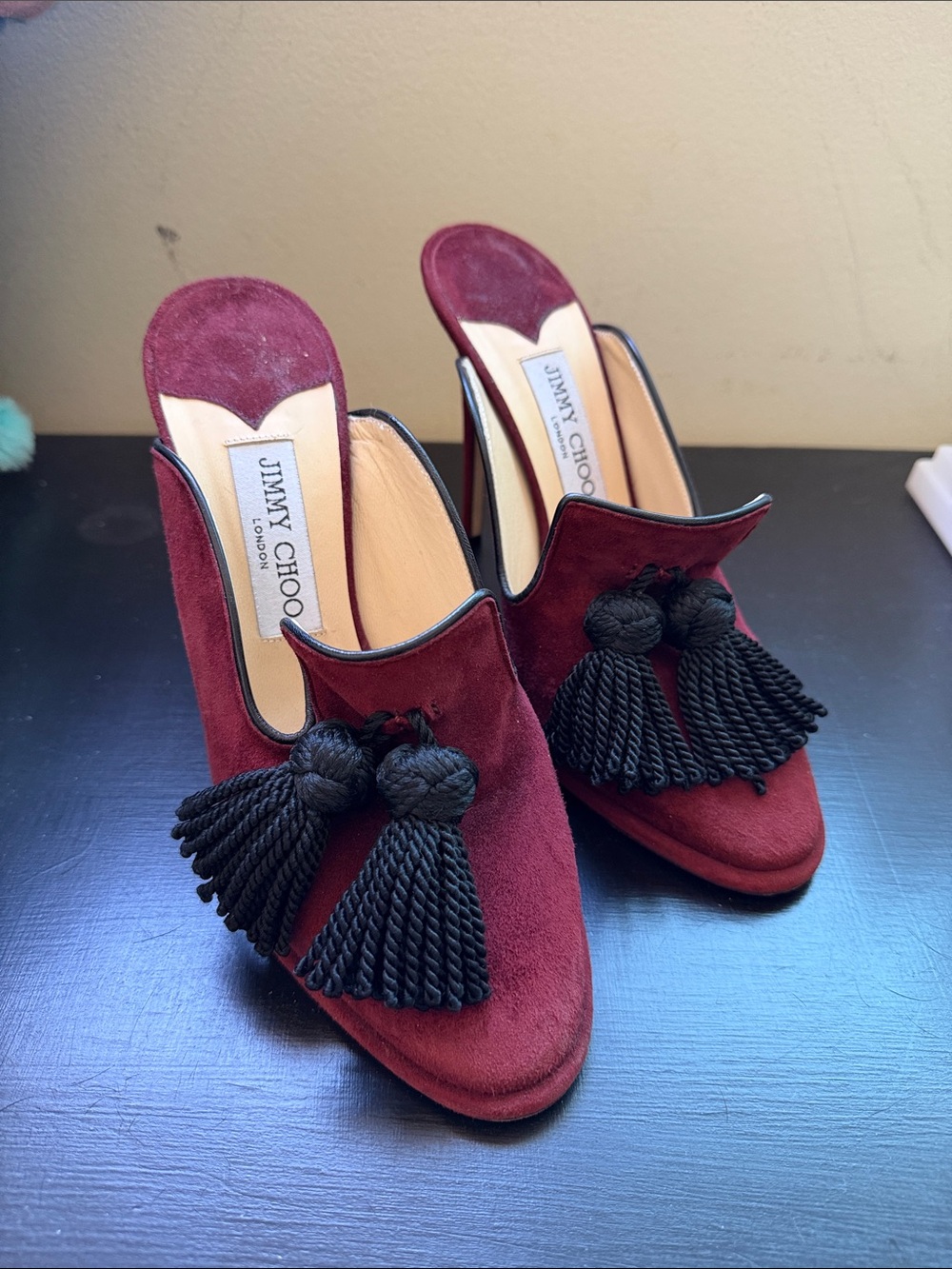 Jimmy Choo Burgundy Suede Tassel Mules with Black Tassels